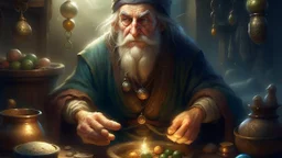 Fantasy digital illustration: strange-looking old merchant, from the 17th century, who has a handful of magic beans