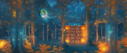 long distance view a library in forest with fireflies and orange mystic lights around trees that have wide leaves and broad trunked. Night with moon light.