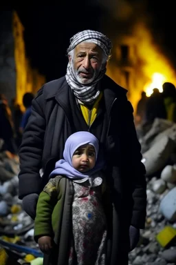 Palestinian old man wears the keffiyeh and the Palestinian dress Carrying a seven small child ,at winter , Destroyed Buildings , with a Explosions, at night