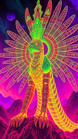 Quetzalcoatl in the style of Giger and Escher in Transparent Psychedelic Fluorescent Colors looking like a Record Cover