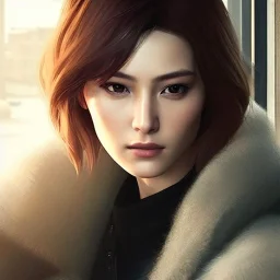 style of game "left alive", 8k 4d photo realistic Highly detailed portrait of stunningly beautiful woman, sitting inside a cozy cafe, Atey Ghailan, by Loish, by Bryan Lee O'Malley, by Cliff Chiang, by Greg Rutkowski, inspired by image comics, potrait illustration, cute fine face, pretty face, realistic shaded perfect face, symetrical eyes, perfecet eyes, blonde hair