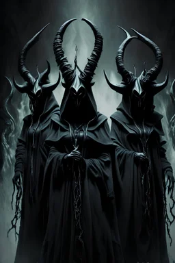 3 black witches with demon horns standing over a font their faces are hidden under large hoods