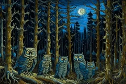 A dark bluish black forest with owls at nighttime painted by Vincent van Gogh