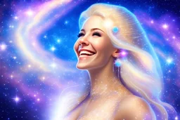 very beautiful cosmic women with white long hair, smiling, with cosmic dress and bright earings. in the background there is a bautiful sky with stars and light beam