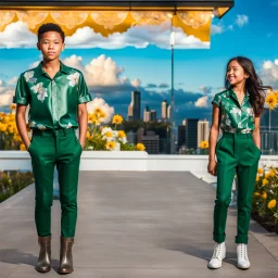 fullbody shot of girl wearing a dark green-silver blouse pants with pretty boots and a boy with causal clothing in modern ,flowers ,pretty clouds in blue sky,city escape.