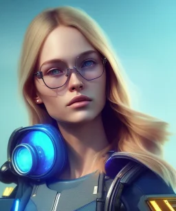 a young woman, BLONDE hair, green eyes, glasses, deep colors, cyberpunk, great pose, Realistic photography, incredibly detailed, ultra-high resolution, 8k, complex 3d render, cinema 4d, anatomically correct