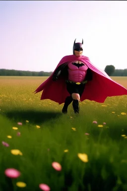 batman adult wearing a bright pink tutu, running away from wild boars. in a beautiful field of flowers, colorful, perfect lighting, leica summicron 35mm f2.0, kodak portra 400, film grain