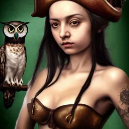 hyper realistic, young small cute girl, short black air, green eyes, with owl tatoo, dressed a steampunk pirate, bra with carved leather, Tintoretto ships in background. salvador dalì style. high details, thunderstorm. 4k, unreal engine Upscale PRO hyper realistic, young small cute girl, short black air, green eyes, with owl tatoo, dressed a steampunk pirate, bra with carved leather, Tintoretto ships in background. salvador dalì style. high details, meteor shower. 4k, unreal engine