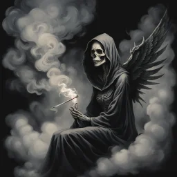 women sitting on a dark background. Her their face turned upwards and blows cigarette smoke from their mouth, The dominant colors are black and gray. It depicts a figure with wings emerging from its back. a hooded skeleton can be seen behind the clouds of smoke. he holds a scythe in one hand and a touch person in the other