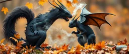 squirrel black dragon in autumn, breathing smoke