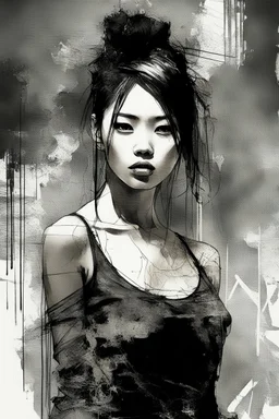 aesthetic, painterly style, modern ink, Asian girl, sensual, sultry, dark blouse, expressive pose, urbanpunk, abstract texture multilayer background, neo-expressionist , Russ Mills, Ian Miller