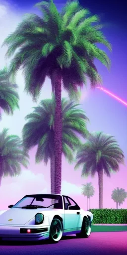 1980's aesthetic vaporwave palm trees and spheres and Porsche with lightning on fish eye filter