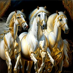 Tres Caballos Palomino cuerpo completo obra de arte hiperredetallado clima despejado arte renacentista pintura al oleo 8k