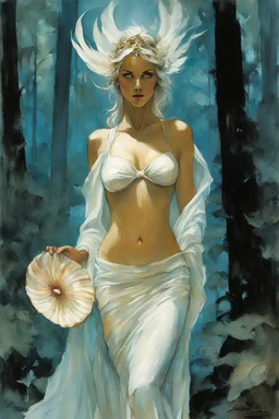Alex Maleev, unused cover illustration, 2005: [greek goddess model in flesh] Seraphina, a nymph-like woman, possessed ethereal beauty in a secluded forest. Adorned in flowing garments, she held a seashell with mystical significance. The seashell symbolized her connection to water and served as a conduit for communication or transformation. Seraphina's serene expression and posture reflected her harmony with the natural world. Her enchanting presence hinted at a deep understanding of nature's mys