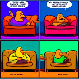 comicbook, 2 panels, in the left panel, a fat, bearded man watches the tv, in the right panel, side angle shot of the tv