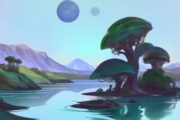 illustration concept art water color style for teenagers in other planet watching the moon and mountains having adventure two teenagers mystery weird cretures trees exiting