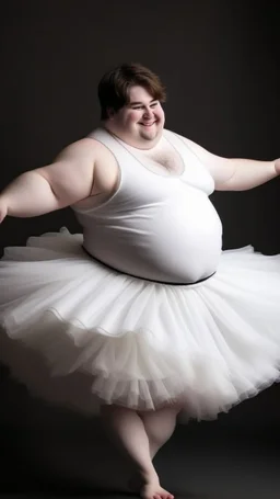 young man, obese; brown hair and fair skin, dancing in a white fluffy tutu. Full character. Elegant pose; HD, Studio shot, realistic.