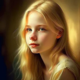 pretty girl, aged 14, blonde, conventionally attractive, dreamy, digital art