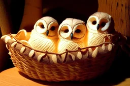 Cute stuffed owls lie in a carved basket on a soft sling, by candlelight