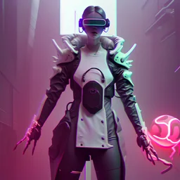 Monster, loish, jeremy mann, full body shot, character sheet, lightningwave, 3d, cgi, glowing neon, cyberpunk, white flight jacket, oculus quest 2, headset streetwear outfit, ☂️, neon city, looking at camera, well-groomed, covered face, average height