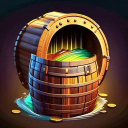 hand depositing money in the barrel, a wooden barrel : 1.5 ) money goes in from above and money comes out from below, ultra quality, vector graphics