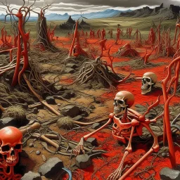 A red rotting wasteland with bones designed in Maori sculptures painted by Peter Carl Faberge