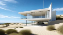 Una casa de planta abierta y circulación no jerárquica en las dunas de la costa atlántica de Cádiz, formada por volúmenes bajos y fragmentados de vidrio como membrana y superficies lisas y homogéneas, que promueve espacios fluidos y continuos, flexibilidad espacial y una composición horizontal y expandida; la estructura delicada sostiene techos finos que parecen flotar, generando sensación de ingravidez y límites difusos y suaves; la arquitectura se entiende como paisaje habitable y como experie