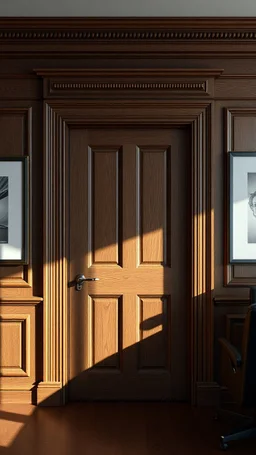 dark oak panelled office showing closed door.Photorealistic