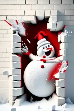 3d Christmas snowman, smashing out through a wall, plaster texture, white and red, 3d background