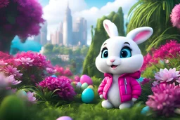 easter holidays, pixar art style of cute pixie smiling plushy white bunny with large eyes, magenta puffer jacket, manila city backdrop, by mobeius, large easter decorations, in the garden of Eden, stylized vegetation, turquoise water ground-level view, foggy atmosphere, hyper detailed, digital art, trending in artstation, cinematic lighting, unreal engine 5 rendered, octane rendered, art style by klimt and nixeu and ian sprigger and wlop and krenz cushart