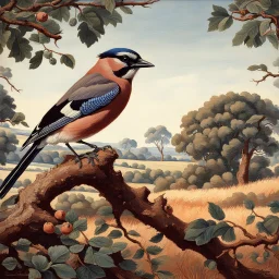Wildlife painting in the style of Charles Tunnicliffe, showing a European Jay, perched upon the branch of a tree in the English countryside. Modifiers: oil on canvas Art Nouveau 1950s style oil on canvas wildlife art Charles Tunnicliffe ladybird books Art Nouveau oil on canvas oil on canvas