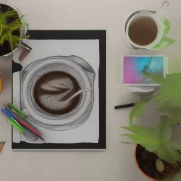 A High resolution photograph with soft lightning, of a a4 size drawing on a table next to two colored pencils. A green plant in a pot in the left top corner, a cup of coffee in the right top corner.