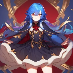 Clear focus, High resolution, rough line art, cute, cartoon, medium blue hair, hair between eyes, fluffy hair, red eyes, super cool outfit with a split skirt, black red and gold color scheme, wearing a short skirt