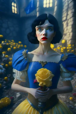 4K Ultra-HD, Hyper realistic, cinematic lighting -- Snow White, short, bowl-cut black hair, blue eyes, Yellow skirt, blue blouse with short poofy sleeves, extremely pail skin, Rose pedals, wild animals, Castle, Full body image -- 4k, stunning, dramatic lighting, dramatic background, cinematic, atmospheric, very detailed, historic, powerful, octane rendering, exquisite detail, 30 - megapixel, 4k, 85 - mm - lens, sharp - focus, intricately - detailed, long exposure time, f8, ISO 100, shutter - s