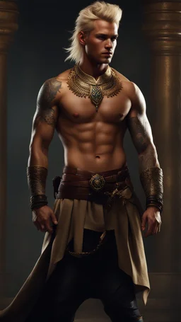 warriorking, blonde, male, tan skin, tattoos, jewels,photorealistic 4k dark fantasy