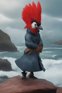 full body, head to toe, 3D, an anthropomorphic woodpecker named Steve, with short, pixie-cut, (((red hair))) tapered on the sides - full color - 32k, UHD, 1080p, 8 x 10, glossy professional quality digital photograph - raging sea and mountains and a ship in the background, historic, powerful, exquisite detail, sharp - focus, ((skin details, high detailed skin texture))