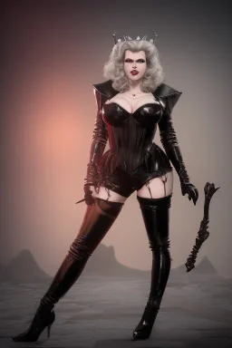 Hannah Waddingham as evil queen in black leather, busty, cleavage, dominatrix, curvy, angry, stern look.