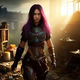 dark and gloomy full body 8k unity render, female teen cyborg, Blue yonder hair, wearing broken battle armor, at cluttered and messy shack , action shot, tattered torn shirt, porcelain cracked skin, skin pores, detailed intricate iris, very dark lighting, heavy shadows, detailed, detailed face, (vibrant, photo realistic, realistic, dramatic, dark, sharp focus, 8k)