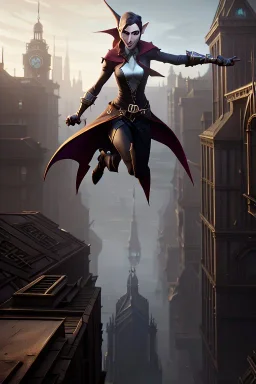 an elf jumping from a victorian style building, fantasy art, 4k, ultradetailed body face limbs hands, gloomy city