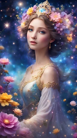 a celestial princess in a shimmering gown, surrounded by twinkling stars and cosmic gardens. Her eyes reflect the wisdom of the cosmos, and as she moves, colorful blossoms burst into bloom, creating a scene of ethereal beauty and enchantment. The air is filled with celestial melodies, evoking a sense of boundless magic and possibility.