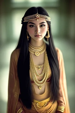 (A top-notch, incredibly lifelike) photograph taken using a Nikon F2 camera, featuring a captivating young woman (rated 1.5 in attractiveness) standing elegantly while adorned in traditional attire (rated 1.2 for its cultural significance). The setting is a distant planet, creating a unique and atmospheric ambiance with moody lighting, diffused rays, beautiful shadows, and a delicately blurred background for added depth and detail.
