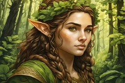 create oil and watercolor portrait of a young, nomadic forest elf female fantasy art character, with highly detailed, sharply lined facial features, in the deep forest of Brokilon , finely inked, 4k in the style of Maxfield Parrish