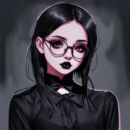 a pretty 18 year old girl, goth aesthetic, glasses, digital art, stylised