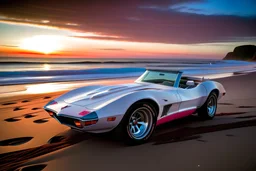 a polished white high performance supercharged 1969 chevrolet corvette on a dark brown sandy beach with an crashing ocean wave behind it and a pink sunrise over the turquoise ocean as a background