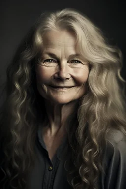 portrait of a beautiful 60 year old norwegian woman with long blond wavy hair, curvy body, earthbound, warm-hearted