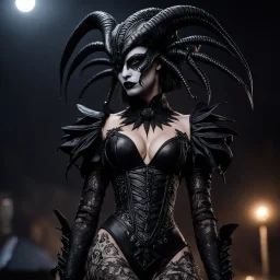 the goth Japanese demonic alien xenomorph clown woman strikes a commanding pose, her figure partially obscured as she faces her adversaries. With a 3/4 view from behind, her unique agent provocateur costume intricately detailed with black lace and tar designs catches the moonlight, casting eerie shadows around her. In this striking Power Pose, she exhibits her formidable attributes through her gothic killstar costume and posture, symbolizing her strength and confidence in the face of danger.