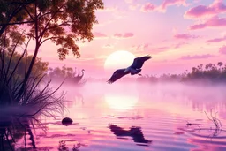 Bright image, stunningly beautiful scene, pastel sunset, beautiful lighting, heron silhouette, mangrove swamp, clear reflective water, pinks and purples, ethereal fantasy hyperdetailed mist Thomas Kinkade, detailed watercolor painting, deep color, fantastical, splash screen, complementary colors, fantasy nature concept art, 8k resolution trending on Artstation, cgsociety