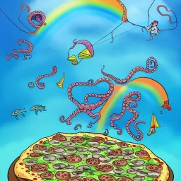 octopus and fishes flying and kitesurfing in the air through a city with skyscrapers. unicorns. rainbows. cats. police. pizza. ganja.