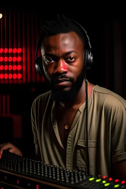 colombian dj and producer, dark skin, with some beard, in recording studio, expert in electronic music.