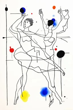 Reprezentare grafica moderna figurativa cu simboluri ,minimal art similar cu desenele lui Picasso , a unui desen facut de un autist , reprezentand statuia un trompetist pe scena , în stilul combinat acuarelei umede a lui Joan Miro si cu filigran lineart minimal a lui Jean Cocteau cu Paleta de culori impresionista cu culori putine si tari. Fond alb si linii color subtiri si paralele, cu umbre de lumina cu hasuri incrucisate